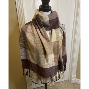 Calzeat Of Scotland Scarf Wrap Jacquard Woven Chenille Plaid Brown Beige Fringe